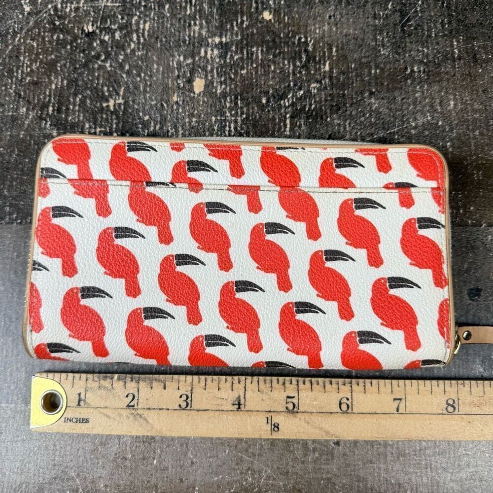 Kate Spade Toucan Parrott All Over Print Zip Around Long Wallet White Orange - Picture 7 of 8